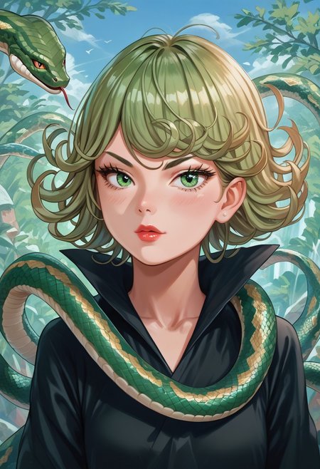 score_9,score_8_up,score_7_up,score_6_up,score_5_up,source_anime,1girl, 1girl, tatsumaki,  green eyes, saitama outfit, shortstack, looking at viewer, bald girl, 19yo, lipstick , flirty, snake, snake on shoulders, upper body view,