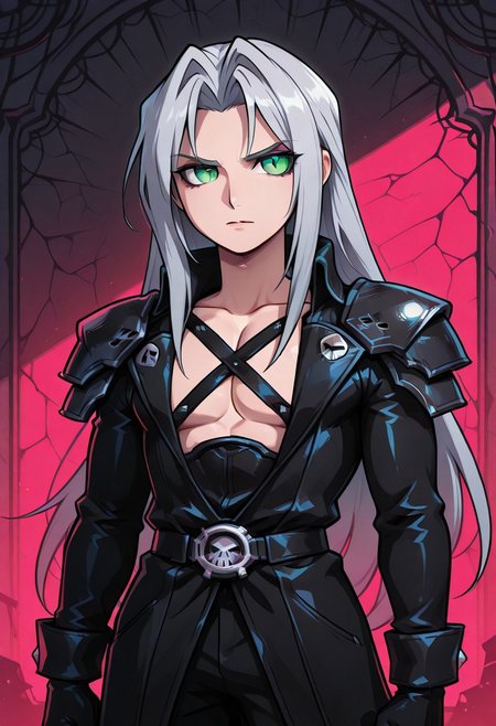 score_9,score_8_up,score_7_up,score_6_up, masterpiece, best quality, very aesthetic, 2d, ((thick lines)), vibrant saturated colors,
volumetric lighting, cinematic lighting, moody lighting, dramatic shadows,
detailed background, 
BREAK sephiroth, official outfit grey hair, long hair, very long hair, parted bangs, armor, open clothes, shoulder armor, long sleeves, pectorals, black jacket, jacket, black gloves, high collar, long bangs, black coat, green eyes, slit pupils, gothic noir background