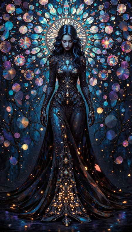 Bioluminescent, A solitary female figure, rendered with hyperrealistic meticulousness, stands amidst a maelstrom of iridescent tesserae, evoking the gravitas of Byzantine mosaics. Utilize a tenebristic chiaroscuro, emphasizing the play of light upon the tessellated surfaces. The woman, clad in an  ebon gown mirroring the fragmented background, strikes a melancholic pose.  Her head, proportionally smaller, is bowed, with tresses cascading over her visage, obscuring her features in a penumbra. The camera angle is a  frontal medium shot, allowing the viewer to fully appreciate the intricate juxtaposition of the figure and the dazzling, fragmented background.  The image should exude a sense of introspective solitude, the woman seeming both imprisoned and liberated by the kaleidoscopic chaos that envelops her.