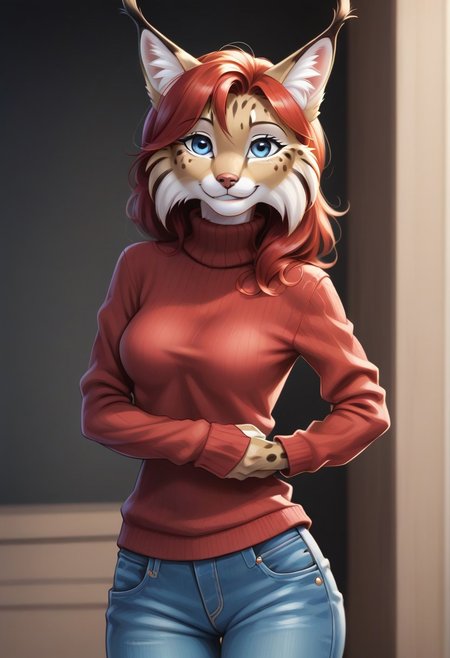 digital_media_(artwork) hi_res, score_9, score_7_up, score_6_up, source_furry, rating_safe, anthro, furry, female, furry female, detailed textured fur, fur tufts, lynx, red hair, blonde brown fur, spots, beautiful blue eyes, medium breasts, covered breasts, slim, slender, turtleneck sweater, denim jeans, smile, SFW,