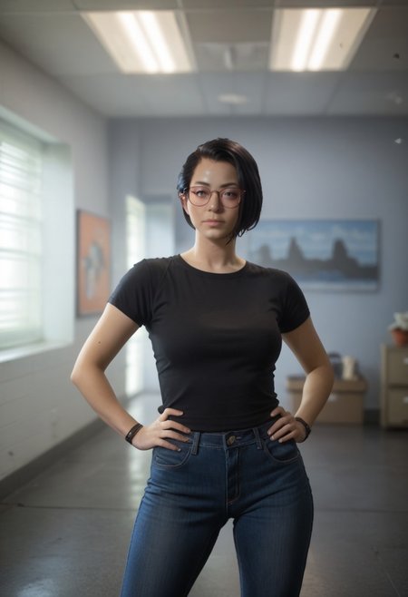 LISAlexChen, 1girl, short hair, black hair, glasses, realistic
standing, hands on hips, black shirt, short sleeves, blue jeans, looking at viewer, indoors, solo