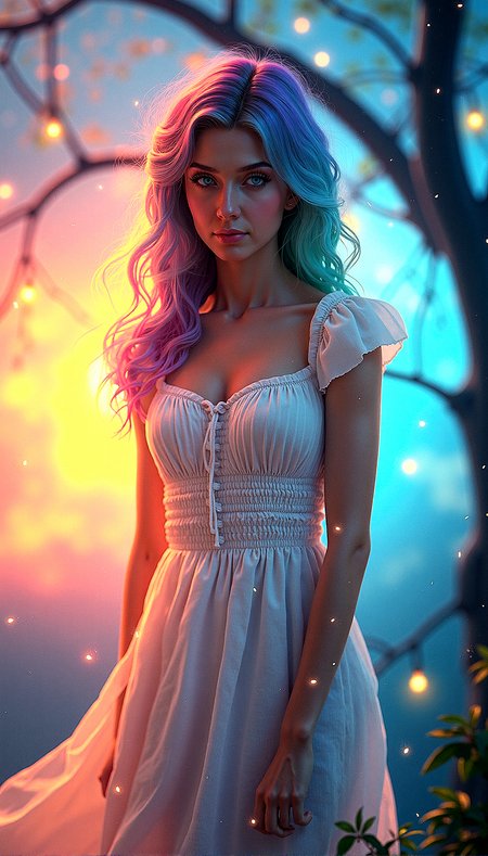 
Extreme realism in a complex, highly detailed composition featuring a beautiful woman with perfect face and perfect skin, with flowing rainbow-colored hair, wavy hair, multicolored eyes, ample bosom, slim waist, . The rainbow glowing background, with its vibrant colors, exaggerated details, intricate textures, and dynamic lighting, creates a whimsical, dreamy atmosphere in photorealistic quality. She is wearing Cream-colored linen dress with a square neckline and cap sleeves.


Small, glowing particles floating in the air, adding a magical and ethereal quality to the scene.Clouds with an iridescent sheen, reflecting multiple colors and adding a whimsical touch to the sky.Tree branches that emit a soft light, adding a mystical and natural element to the background.Veils of light that glimmer softly, adding a touch of magic and softness to the scene.Raindrops that glow subtly, adding texture and a soft, rainy atmosphere to the scene.

Looking directly at the camera, with a quiet, reflective expression, camera focus on face,








