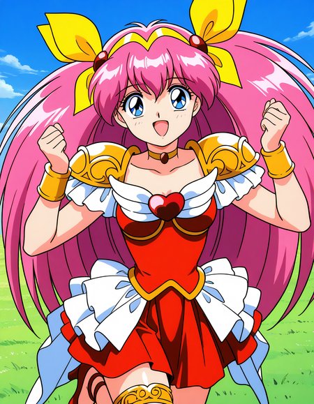 general,highres, ultra-detailed,very aesthetic,best quality ,best hands,  BREAK <lora:Hanasaki_Momoko_IS:1>Hanasaki_Momoko, 1girl,solo, long hair, pink hair, blue eyes, yellow bow, breasts, a, hair bow, twintails, very long hair, hair ribbon, 1990s (style),anime coloring, smile,looking at viewer, cowboy_Shot,
heart brooch, magical girl, brooch, jewelry,  open mouth, shoulder armor, thighlet, dress, armor, smile, choker, pauldrons, solo, looking at viewer, heart, skirt, high heels, bow, hairband, shoes, red footwear, bracelet, red dress, ribbon.
sky, grass,