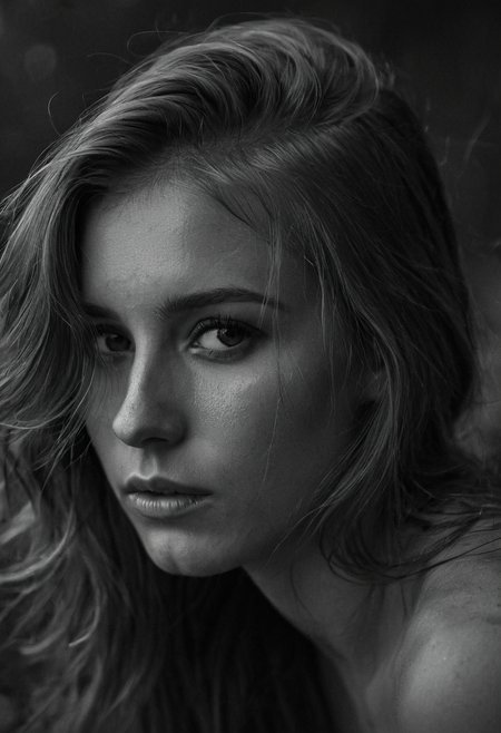 Black and white photo in the style of Alessio Albi, 20 year old beautiful stunning woman, dark blond hair falling down over her shoulders, highlights in her hair, closeup, cinematic composition, cinematic lighting  intense shadow play, bleak, post-apocalyptic, somber, dramatic, highly detailed, bokeh
