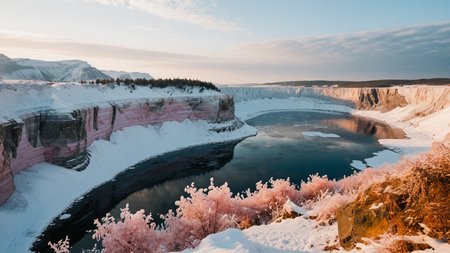 A cinematic scenic photography of the view On a steep ridge overlooking a glacially carved quarry lake. At winter dawn, pale rose light glints on frozen quarry, frost-covered cliffs sparkle in pale glow, and each breath clouds in frigid air. ,, masterpiece, best quality, amazing quality, very aesthetic, high resolution, ultra-detailed, absurdres, scenery, film grain, HDR, 8K, high contrast, realistic, cosplay, muted lithing, sharp focus, (chromatic aberration), fine details,