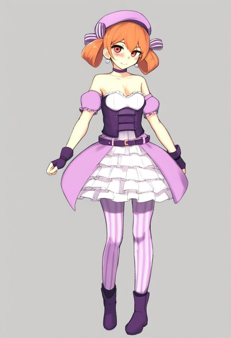 score_9, score_8_up, score_7_up BREAK TeoV, 1girl, orange hair, hair drills, red eyes, white pearl earrings, pink beret, lavender hair bow, purple choker, frilly purple fingerless gloves, open strapless purple fitted bodice jacket, purple belt, pink lavender layered dress, striped purple stockings, high-heeled purple boots, smiling at viewer, full body,
