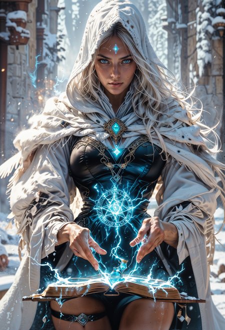 score_9, score_8_up, score_7_up, score_6_up, score_5_up, score_4_up,  sorceress, casting ice magic spells, white hood, medium breasts, colorful eyes, freckles, white hair, magic circle, thigh strap, petite, 1girl, delicate and smooth skin, blush, perfect body, thighs, large breasts, highly detailed, glossy lips, looking at viewer, tomes in background, magic book, ritual, vials, potion, frost, cold, snow,    <lora:Fant5yP0ny:0.8>,  <lora:Fantasy_Wizard__Witches_PonyV2:0.8> hkmagic