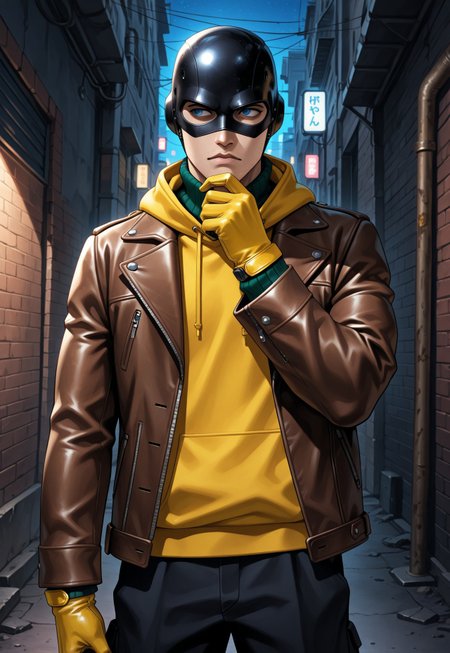 dbstyle, masterpiece, best quality, hyper-Detailed, 1man, solo, male focus, alone, detailed, peter ((young, muscular body, fair skin, detailed blue eyes, thick lips, chin stubble)), ((wearing black helmet, black mask, daredevil mask, brown leather jacket with long sleeves over a yellow hoodie over a green sweater turtleneck, black cargo pants, thick yellow gloves)), serious, hand on chin, looking away, standing in a dark alley, night time