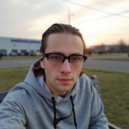 This is a photograph featuring d2nu taking a selfie, he has a fair skin tone and short, slicked-back light hair. He is also wearing glasses which are colored with a mix of blue and black, <lora:d2nu:1>. He is wearing a gray Nike hoodie jacket. He is sitting on a bench with a Japanese robotics factory in the background on a fall day. There's a sunset in the background