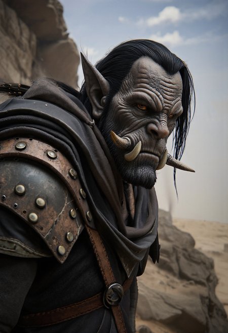 ck-0rcs, this is an image of a orc, dark-skinned orc type creature with a large, flat nose and prominent, 2 large orc tusks, dark shoulder length hair, wear a dark hooded tunic below leather shoulder pads, embellished with worn metal studs and rivets. Standing at partially sideways at the side of the image, in front of rocky area in the middle of the desert, taking cover from a massive sand storm in the distance.  <lora:flux/Realism 2>, realism, realistic, <lora:art and styles/MysticFantasy.safetensors:1.0>,  <lora:fantasy portrait by cosmic.safetensors:1.0>,  <lora:ck-Orcs-000016:0.4>
