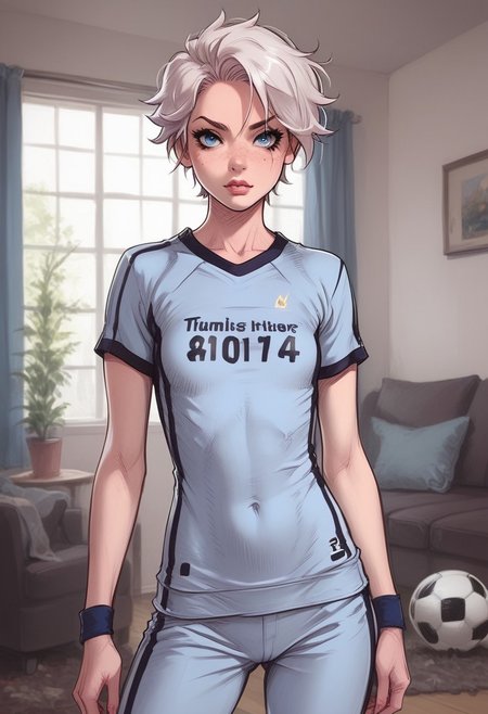 (score_9, score_8_up, score_7_up),  melkor_style,
18yo old woman, white hair, tomboy, soccer player, in cute soccer outfit, strong facial features, 
 blue eyes, perfect eyes, BREAK, standing in a cozy living room, ((Flat chest)), petite, slim