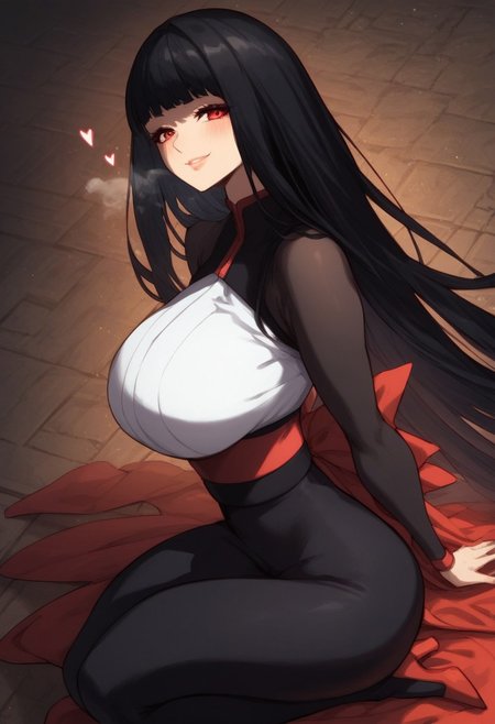 score_9_up, score_8_up, score_7_up, score_6_up, score_5_up, score_4, source_anime, 1girl,  red eyes, black hair, blunt bangs, long hair, Japanese clothing,  long sleeves, red bow at the waist, black pants, red heels,
alone, solo, huge breasts, gigantic round ass, perfect ass, thick thighs, cinematic lighting, 
 blushing skin, dynamic angle, unique angle, skin tight, looking at viewer, inside a palace,
expressiveh, (heart dynamics:1.2), 
blush, erotic face, smirk, heavy breathing, steaming_body,  above view