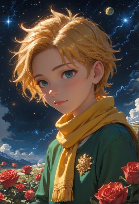detailed background,Cinematic Lighting,film grain,score_9,score_8_up,score_7_up,zPDXL2,masterpiece,best quality,highly detailed,glowing,hand person,Expressiveh, <lora:(增强)sdxl_lightning_8step_lora:1>,<lora:glowneon_xl_v1:1>, <lora:(增强)Hands XL 4:1>,<lora:(增强)Expressive_H-000001:0.8>, <lora:Vixon\Vixon's Pony Styles Astro:0.8> , little prince, a rose, a fox, night sky, universe, yellow scarf, yellow hair, green clothes, 4str0,star \(sky\), earth \(planet\), planet,Le Petit Prince,1child