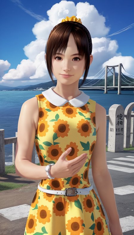 score_9,score_8_up,score_7_up,<lora:MiiyamotoHikari>,
miiyamotohikari,
highres,bloom,Volumetric Lighting,photorealism,
1girl,solo,black hair,bangs,orange scrunchie,bouncing hair,brown eyes,looking at viewer,smile,
sleeveless yellow dress,white collar,white wristwatch,white belt,
portrait, 
blurry background,outdoors,clear sky,ocean,cloud,pavement,stone lantern,stone steps,sea fence,bridge in the background,distant mountains,summer,