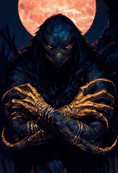 Score_9,score_8_up,score_7_up, high quality , detailed face ,realistic image,monster, non human proportions, decrepit body,half closed eyes, annoyed expression , Horus god, (eagle head), claws, , ( gold  accessories) ,((looking at hands, light from back , havey shadows , crossed hands)),  black background, red moon , soft  colors , looking  at  viewer, ( close up,side view, low view, half  body visible),