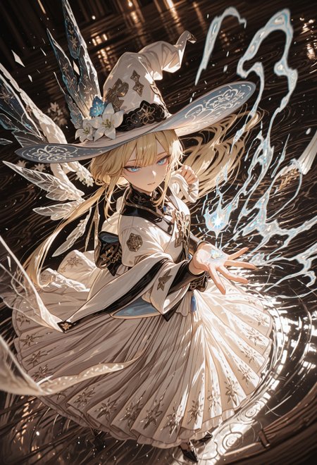 1girl, from above, intricate dress, white dress, glass wings, blue eyes, blonde hair, low twintails, bangs, casting powerful magic, blue magic, water ripples, reflection, long sleeves, standing, lily flower hair ornament, high heels, witch hat, dark background, dim lighting, casting powerful magic, obi, hand aura, dynamic pose, dynamic composition, dutch angle, detailed background, depth of field, backlight, foreshortening, beautiful eyes, tsurime, 
BREAK
masterpiece, best quality, very aesthetic, absurdres, amazing quality, newest, very awa, highly detailed, fine detail, intricate detail, dynamic lighting, volumetric lighting, ambient light, soft light, dynamic color, dynamic background