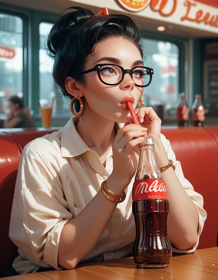 score_9, score_8_up, score_7_up, score_6_up, score_5_up, score_4_up, hud_v1ntagedr1nk, 1girl, solo, jewelry, glasses, earrings, black hair, drinking, shirt, bracelet, soda bottle, <lora:hud_v1ntagedr1nk_XLP2:0.8>, diner