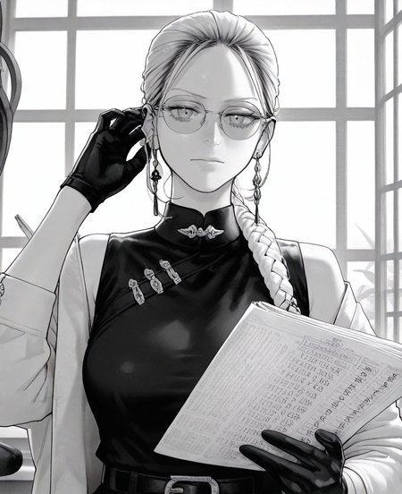 <lora:gokurakugai:1> gokurakugai,
(masterpiece), (best quality), (ultra-detailed), amazing quality, very aesthetic, illustration, perfect composition, intricate details, absurdres, incredibly absurdres, shiny skin, realistic,
 gokurakugai, monochrome, , greyscale, 1girl, earrings, gloves, , jewelry, solo, looking at viewer, glasses, braid, belt, closed mouth, upper body,  paper, long hair, , paper, general