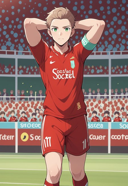 safe_pos, score_9, score_8_up, score_7_up, source_anime, front view, BREAK, ( soccer_player, green eyes, light brown hair, correct hair, best eyes, standing, arms behind head, neon green armband, red soccer shirt, red soccer shorts, red soccer socks, white soccer boots, ) 1boy, male focus, solo, BREAK, soccer pitch, soccer ball, soccer stadium, other people in crowd,