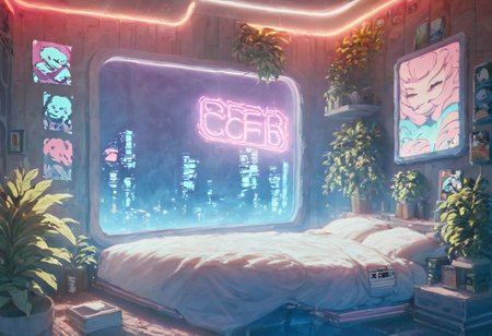 score_9,score_8_up,score_7_up,score_6_up, 
steaming coffee cup on windowsill, plants on the windowsill, wall of plants, monstera plant, large plant, tidy bedrrom, small room, cramped bedroom, teddies on the bed, cyberpunk city view out of the window, neon light, purple neon lights, posters, posters on the wall, anime posters, lewd posters, anime girls on the poster