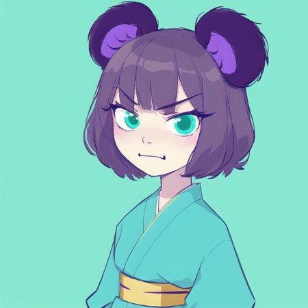 <lora:mayonoseart:1>,  mayonoseart, 


full body, masterpiece, best quality, 1girl, animal ear fluff, animal ears, bumblebee eyes, messy hairstyle, turquoise panda kimono, tanuki ears, highres, looking at viewer, angry mouth, short eyebrows , solo, standing, thick eyebrows, upper body, purple shirt, from below, horns,