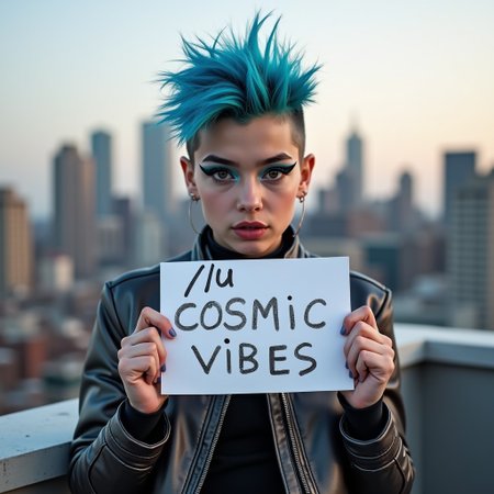 A non-binary young person with short, spiky blue hair, wearing bold makeup with graphic eyeliner, and a futuristic metallic jacket, posing on an urban rooftop with a city skyline in the background. They are holding up a white card with “/u/CosmicVibes” written on it in block letters with silver paint. Soft, warm lighting.