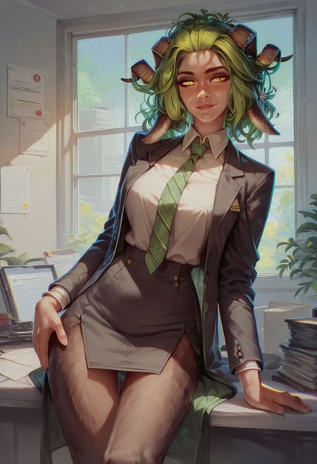 score_9, score_8_up, score_8, 1girl, green hair, goat eyes, detailed, high definition, perfect quality, yellow eyes, goat legs, seductive, posing, thigh gap, office setting, indoors, suit and tie, suit pants, dress shirt, tie, suit,