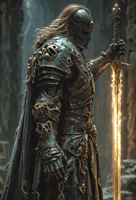 masterpiece, best quality, 8k, professional , by famous artist , trending on artstation, intricated details, detailed, realsitic, boekh , photorealistic, dark shadows, natural light, dramatic, source_realistic, zPDXL,   Belrakus the Soulshorn -
A stunning, highly detailed dark fantasy full body illustration of a  warrior wearing intricate  bone armor  ornamented with rune,bones are bleached white and etched with jagged black glowing runes that seem to drink in all light. bone full helmet, holding a bone spear glowing blue and dark, very wide shoulders, wearing big gauntlets, bone  mask,  cape, glooming eyes,epic composition. The warrior stands heroic with a flowing cape in a dungeon entrace in background,with insanely intricate details and textures, gloomy dramatic lighting, 8K resolution,