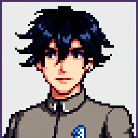 score_9, score_8_up, score_7_up, source_anime, BREAK, solo, 1boy, looking at viewer, <lora:Stardew-Valley-Portraits-pdxl_Fp:1>, portrait, simple background, pixel art, white background, <lora:-pdxl_Fp:1>, naoyap1, school uniform, emblem, single earring, black hair, black eyes, grey shirt, hair between eyes, from side,