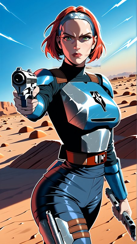 2d, fantasy-style, (zPDXL2), (((cowboy shot))), (((dynamic pose))), (((dynamic angle))), sehele style, webtoon, anime, centered, 1girl, 1woman, solo, (((holding a blaster))), Mandalorian metal armor, skintight pants, determined expression, pointing at viewer, red hair, green eyes, hairband, short hair, bo-katan kryze, desert, sky, star wars, <lora:sd_xl_dpo_lora_v1:1>, <lora:OMG-Is-DucHaiten_v1.0:0.1>, <lora:Seunghee_Lee_Style_PDXL:0.4>, <lora:ManhwaSDXL:1.5>,  <lora:Bo-Katan_Kryze_I_Clone_Wars:0.8>