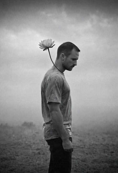 This modern art photograph is a profound exploration of human emotion, a visual poem that delves into the complex depths of sadness, loneliness, and regret. The subject, a man, becomes a vessel of raw emotion, his head bowed not only in physical but emotional weight. The black-and-white palette, enhanced by the graininess, adds a timeless quality, evoking a sense of nostalgia and melancholy. The slow shutter speed captures the hazy movements, a blur of his inner turmoil, while the double exposure with the upside-down flower symbolizes the fragility and beauty of life, a poignant contrast to his stoic expression.
shot on Canon EOS 5D Mark III captures every nuanced detail, from the flawless hairs to the subtle gradient backdrop, creating a minimalist and tranquil setting that accentuates the subject's inner world. This image, a fusion of cinematic and conceptual art, plays with perception, inviting viewers to reflect on their own interpretations. It is a powerful portrayal of a man grappling with his thoughts, a moment of quiet despair, beautifully and hauntingly frozen in time, leaving a lasting impression of emotional depth and vulnerability.