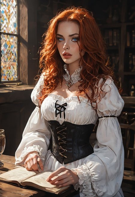 Safe_pos, (score_9, score_8_up, score_8), ultra detailed, high resolution, high quality, masterpiece, intricate details, intricate body, intricate landscape, knva, Expressiveh, hkmagic, missfortune, European Instagram Model, Sorceress, Wizard, Casting Thunder Magic Spells, Magic Circle, Thigh Strap, Tavern, midnight, 1girl, source_cartoon, Petite, ((Dark-Auburn Hair, Blue Eyes, Full Lips, Delicate and Smooth Skin, Blush Perfect Body, Highly Detailed, Glossy Lips)), Beautiful, Attractive, (Long Hair, Shiny Hair), (perfect round breasts, large breasts), (Wizard), ((Femme Fatale)), Tight-Fitting Blue-and-White Dress, Corset, Sexy, Belt, Brown Thigh-High Boots, Fantasy, Medieval, ((Extremely Detailed Face and Eyes)), Looking at Viewer, (Flirty Smile), Soft Lighting, Warm Lighting, Unique Angle, Unique Perspective, Dramatic Angle, ((Full Body)), From Above, Side Shot, ((Sitting on Table, Arched Back, Leaning Back)), Tomes in Background, Magic Book, Ritual
<lora:add-detail-xl:1.5>,
<lora:Expressive_H:0.7>,
<lora:Kenva:1>,
<lora:incase_2024_new_style_upscaled_with_big_images:0.8>,
<lora:missfortune:0.65>,
<lora:Fantasy_Wizard__Witches_Pony:0.4>,