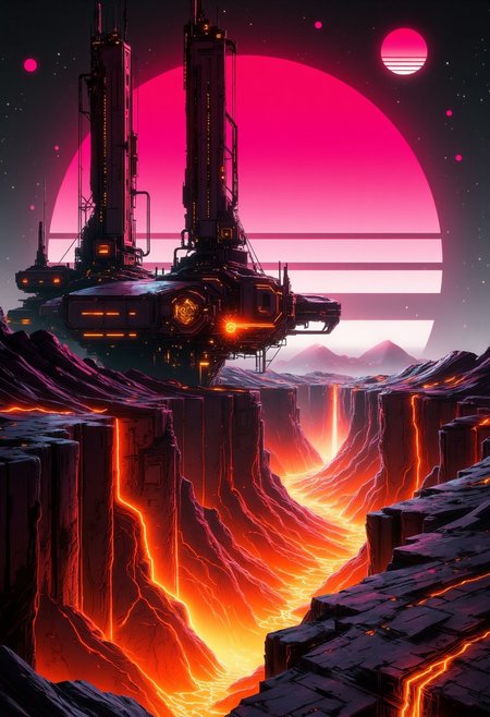 ck-rw, in the style of ck-rw,, arid volcanic landscape, Artemis Stationperched at the edge of a volcanic cliff, its sleek towers a stark contrast to the cliffs surrounding it. The planet’s sun casts a vivid, surreal light across the station, while deep fissures reveal glowing rivers of molten lava far below. The sky is a surreal shade of black and red, with two moons hanging low in the horizon, each reflecting light off the surface.