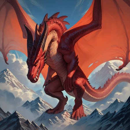 score_9, score_8_up, score_7_up, score_6_up, high quality, ultra-highres, ultra-detailed vivid colors, fangs, contrast vision, giant dragon, red scales, wings, black spikes, orange eyes, mountains, cloudy skies
