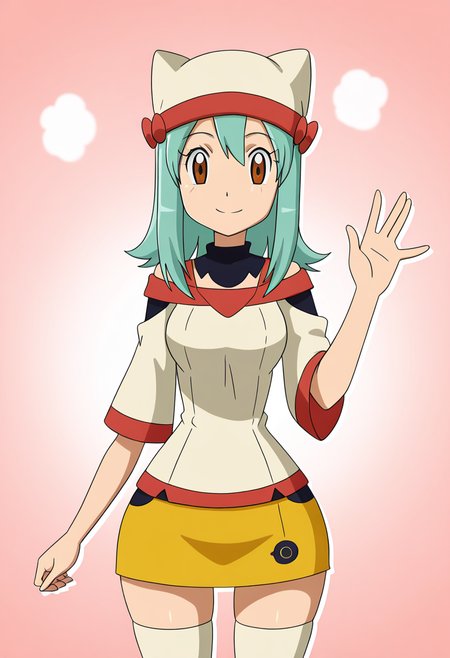 masterpiece, best quality, solo, curvy, beautiful eyes, large breasts, aged up, narrow waist, wide hips, 1girl, solo, smile, looking at viewer,    zzYumei, brown eyes, aqua hair,  animal ear headwear, white shirt, bare shoulders, yellow miniskirt, white thighhighs, zettai ryouiki  <lora:YumeiByKurumiErika_IXL:1.0>,  one hand raised, waving, standing pose, cowboy shot, smile,  looking at viewer,