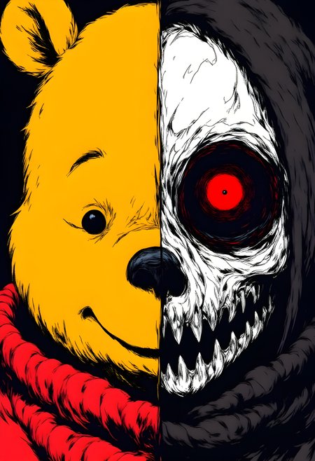 c1nna_sh4de, close-up of a geometric collage painted on a gothic anime Winnie-The-Pooh face, ultradetailed, photorealistic, vertical split down the middle, left half is yellow, cute and iconic, right half is monochromatic, unsettling and creepy.