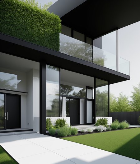 light black and white modern house with glass paneled balcony fresh green garden , entrance view with stoned pathway toward you black with lightings  , (SEMI-SILHOUETTE light:1.1), (raytracing:1.1), (cryengine:1.1), (skin detail:1.1),(photrealistic:1.1)