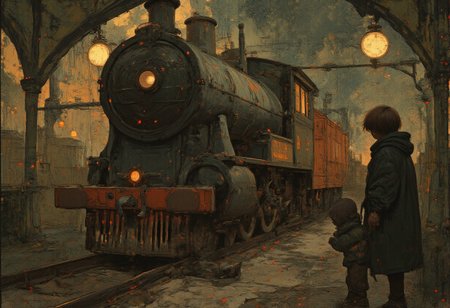 dr34ml4nd Deep within the tunnels of an underground railway station, a frantic conductor with coal-dusted skin and a grease-streaked uniform shakes his fists at a stalled locomotive. Around him, passengers grumble, their elaborate hats and heavy coats shifting uncomfortably in the sweltering heat of the steam-filled tunnel. The glow of gas lamps flickers overhead, illuminating the soot-streaked faces of workers scrambling to diagnose the problem. A rat scurries across the tracks, oblivious to the growing tension as the schedule begins to fall apart.  Above, the streets of the city carry on, oblivious to the struggle below, their hum of industry uninterrupted. A small boy tugs on the conductoras coat, Fantastic lighting. Detailed shadows.intricate details, vivid colors, hyper-detailed, ultra-sharp, , <lora:Semi-realisticPortraitPainting:0.4> <lora:Let_It_Blaze_in_Crimson_anime_v1.0:0.6>