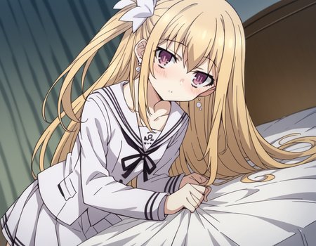 score_9, score_8_up, score_7_up, source_anime,
dalmayuri, <lora:dal-mayuri-movie-ponyxl-lora-nochekaiser:1>,
mayuri, long hair, blonde hair, hair between eyes, hair bow, one side up, bow, purple eyes,
shirt, ribbon, jewelry, school uniform, collarbone, earrings, serafuku, black ribbon, neck ribbon, skirt, white skirt, pleated skirt,
indoors, bed, bed room, on side, blush, drunk,
solo, dutch angle, looking at viewer, cowboy shot,