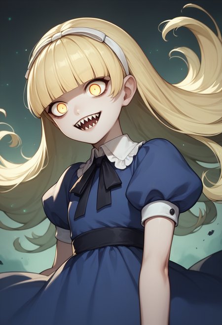 score_9, score_8_up, score_7_up, source_anime, 1girl, evil smile, sharp teeth, <lora:zs_AliceXL:1> alicesmt, dress, long hair, blonde hair, floating hair, hairband, blunt bangs, puffy sleeves, blue dress, no pupils, eerie glow