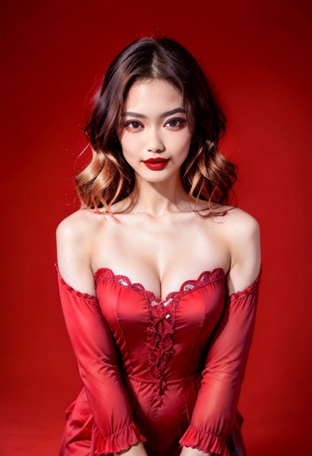 ((Kebaya:1.2), long sleeve, low cut, v neck), (JDMAI_ARMPIT_SHOW:1.5), (showing both armpits:1.5), pureerosface_v1, (dynamic lightning:1.2), 4k, HD, Hi res, cinematic masterpiece, photographic masterpiece, XXX, (simple red background:1.5), (blurry background:1.2), (sharp focus on object:1.2), (1girl, 24 years old, goddess, beautiful, supermodel, Instagram model, wavy hair, natural make-up, red lips), clean shaven armpits, waxed armpits, 40GG cups breast size, natural breasts shape, light muscle tone, fit body, six-pack abs, soft skin, unblemished skin, pale white skin tone, standing, contrapposto pose, leaning slightly forward, bowing slightly forward, back slightly arching, seductive facial expression, smiling, looking at viewer, posing for a photo,