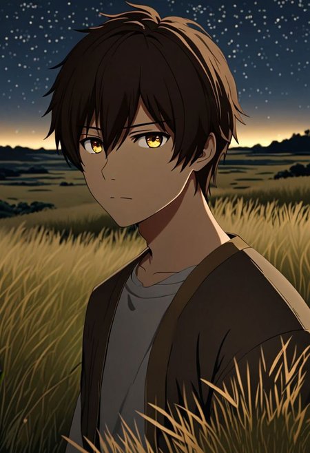 Highres, Masterpiece, High Quality, 4K, 8K, solo, 1Boy, Seiya Kanie, short dark brown hair, golden eyes, grassland, no light pollution, bush, nature, calm, peaceful, night breeze, breeze, awe, dim, easynegative, detailed_eye_model