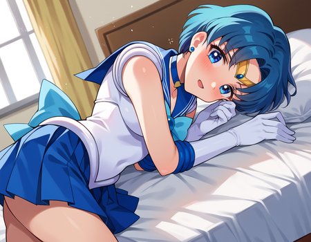 score_9, score_8_up, score_7_up, source_anime,
sailormercury, <lora:sailor-mercury-ponyxl-lora-nochekaiser:1>
sailor mercury, blue eyes, blue hair, short hair, parted bangs,
back bow, blue bow, blue choker, blue sailor collar, blue skirt, bow, choker, earrings, gloves, jewelry, magical girl, miniskirt, pleated skirt, sailor collar, sailor senshi uniform, skirt, stud earrings, tiara, sleeveless,
indoors, bed, bed room, on side, blush, drunk,
looking at viewer, cowboy shot, dutch angle,