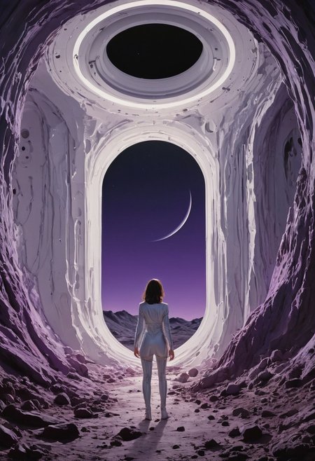 *Channel_42* As you close into the depths, the pristine white walls of an elongated Exoplanet base glisten in the moonlight. But as it enters into their exploration, Sultry boudoir photography, Portals ringed with colors extending beyond normal perception ultraviolets so deep they hurt to perceive,by Kuang Hong, Milton Glaser, Vector Art, landscape, Movie still, best quality, hair light, Slow Shutter Speed, Kodak UltraMax 400, Depth of field 270mm, digital art, rich colors