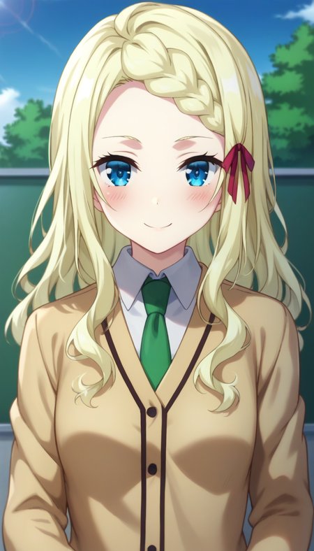 score_9,score_8_up,score_7_up,score_6_up BREAK official art,solo,outdoors,upper body,(portrait:1.5),looking at viewer,facing viewer,smile,blush,Lucy Tsukioka,long hair,wavy blond hair,hair ribbon,red ribbon,sidelocks,braided bangs,blue eyes,school uniform,brown cardigan,green necktie,collared shirt,white shirt,small breasts,long sleeves,miniskirt,black skirt,pleated skirt,zettai ryouiki,white thighhighs,frilled thighhighs,loafers,<lora:Lucy Tsukioka(at)-Pony:1.4>,