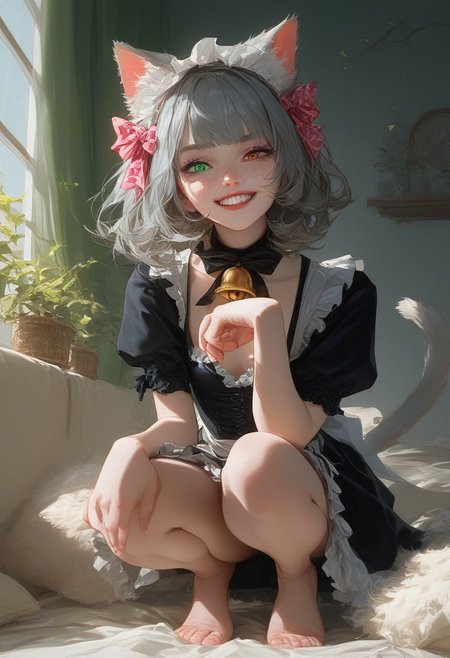 score_9, score_8_up, score_7_up, score_6_up, realistic, 
(1girl, solo, playful catkin maid), heterochromia (blue and green eyes), petite and curvy body type, small breasts, pale skin with faint freckles, cheeky grin, medium hair, soft and slightly messy, ash-grey hair with pink-tipped bangs, lacy black maid outfit with paw-shaped ribbons, fluffy cat ears, tail swaying, indoors, crouching with one hand extended, cozy vintage parlor background, soft candlelight, bell collar jingling, faint purring sound, paw print dust trailing behind.
 ,Expressiveh,