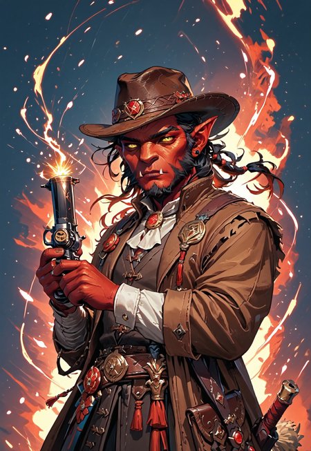 ((zPDXL3)), ((masterpiece,best quality, highly detailed)), ((score_9)), score_8_up, score_7_up, score_6_up, score_5_up, score_4_up, Digital painting style, brushstrokes, ((EnhanceImage)), solo, 1boy, Hobgoblin, red skin, yellow eyes, fangs, big nose, mutton chops, black hair, duster coat, brown coat, cowboy hat, cowboy, vest, shirt, holding revolver, revolver, 1 revolver, gunslinger, swm29,
Expressiveh, 30yo, 
chinese magical sorceress, animated, swirling magic, wisps of magic, magical accessories, evoking motion, conveying motion, dynamic splash art, ((handfixer)), four fingers, one thumb, 
<lora:PainterlyFantasiaPDXL:0.6>,