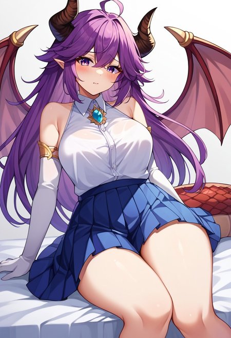 score_9, score_8, score_7, source_anime, dragon girl, sidelocks, purple hair, blush, ahoge, jewelry, pleated skirt, :d, elbow gloves, thighs, white shirt