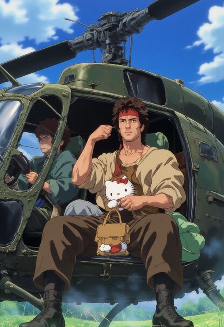 anime style, rambo, John Rambo, holds a Hello Kitty bag, looking at bag, sitting in a helicopter,
