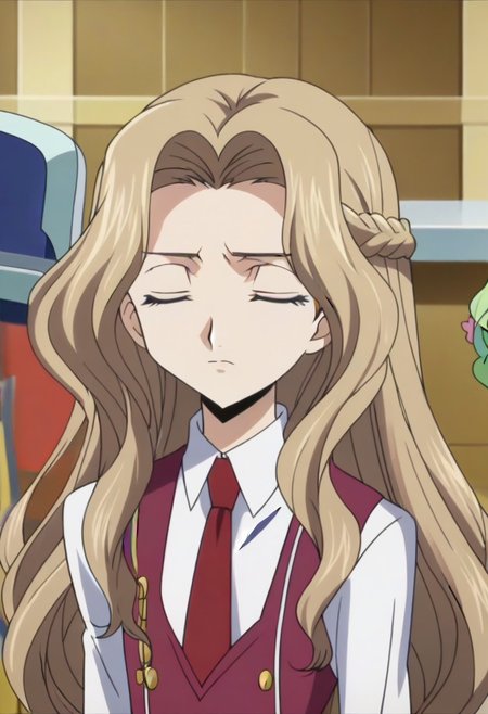 anime screencap, masterpiece, best quality, Code Geass anime art style, <lora:Nunnally_Lamperouge:1>Nunnally Lamperouge, 1girl, ashford academy school uniform, long hair, necktie, school uniform, closed eyes,
